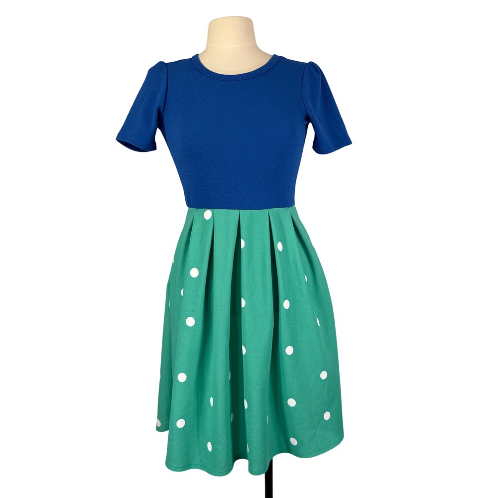 LuLaRoe Amelia Dress Womens Small Blue Green Polka Dot Colorblock Pocket Pleated